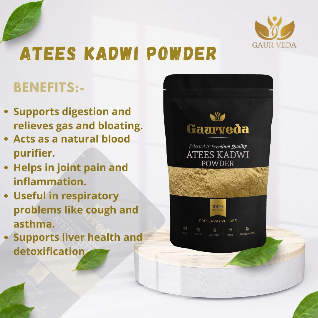GAURVEDA Atees Kadwi Powder | Aconitum Heterophyllum Bitter Root Powder | Ativisha Kadvi Churna | Herbal Raw Material for and Herbal Formulations | Dried Churna (10 Grams)
