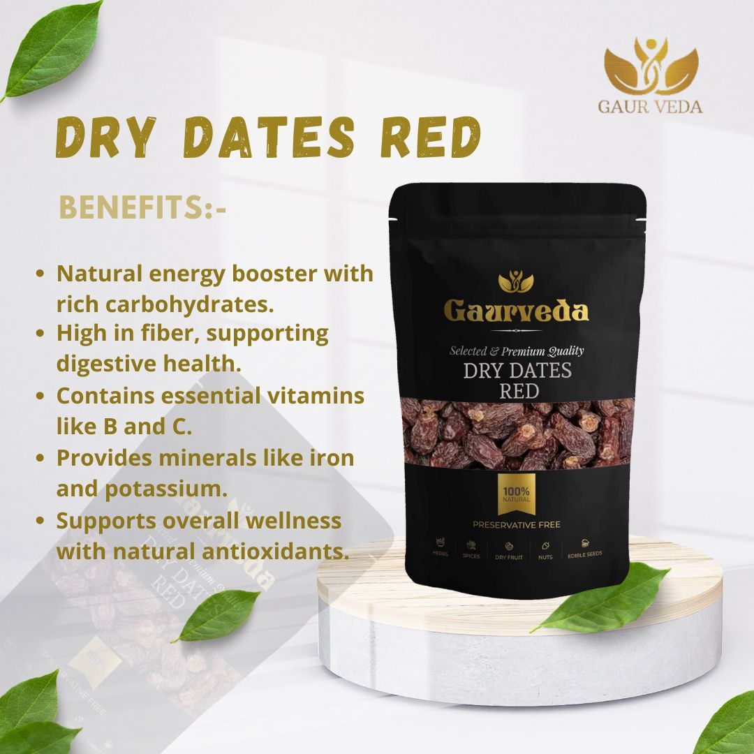 GAURVEDA Premium Red Dry Dates | Khajoor | Rich in Iron & Fiber | Energy Booster | Naturally Sweet Snack | Healthy & Delicious Treat | 100 Grams