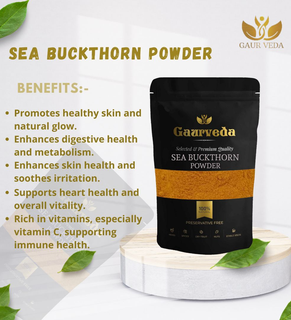 Gaurveda Himalayan Sea Buckthorn Berries Powder, 100g | Rich in Omega 3, 6, 7, 9 | Collagen, Fiber, Omegas, Vitamin C, Vitamin E | Dry Sea Buckthorn Powder