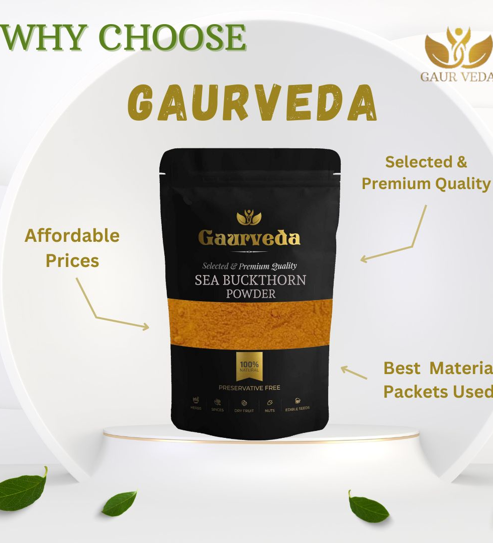 Gaurveda Himalayan Sea Buckthorn Berries Powder, 100g | Rich in Omega 3, 6, 7, 9 | Collagen, Fiber, Omegas, Vitamin C, Vitamin E | Dry Sea Buckthorn Powder