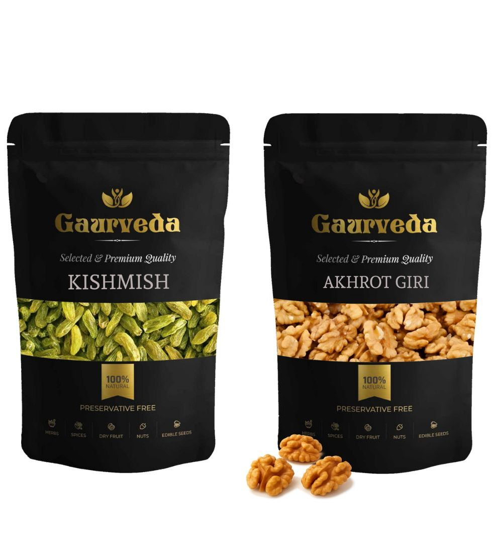 Gaurveda Kishmish & Akhrot Giri Premium Quality Combo - Raisnis & Walnuts Kernel Pack of 50 Grams Each