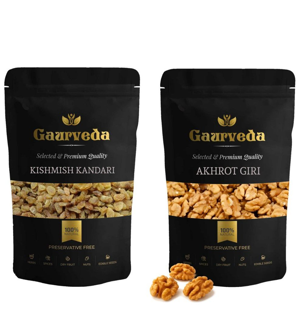 Gaurveda Kishmish Kandhari & Akhrot Giri Premium Quality Combo - Raisnis & Walnuts Kernel Pack of 50 Grams Each