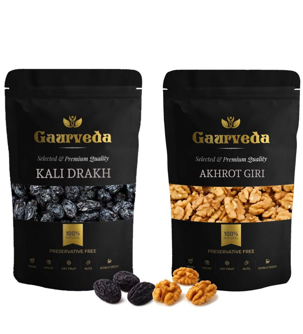 Gaurveda Kali Drakh & Akhrot Giri Premium Quality Combo - Black Raisin & Walnuts Kernel of 50 Grams Each
