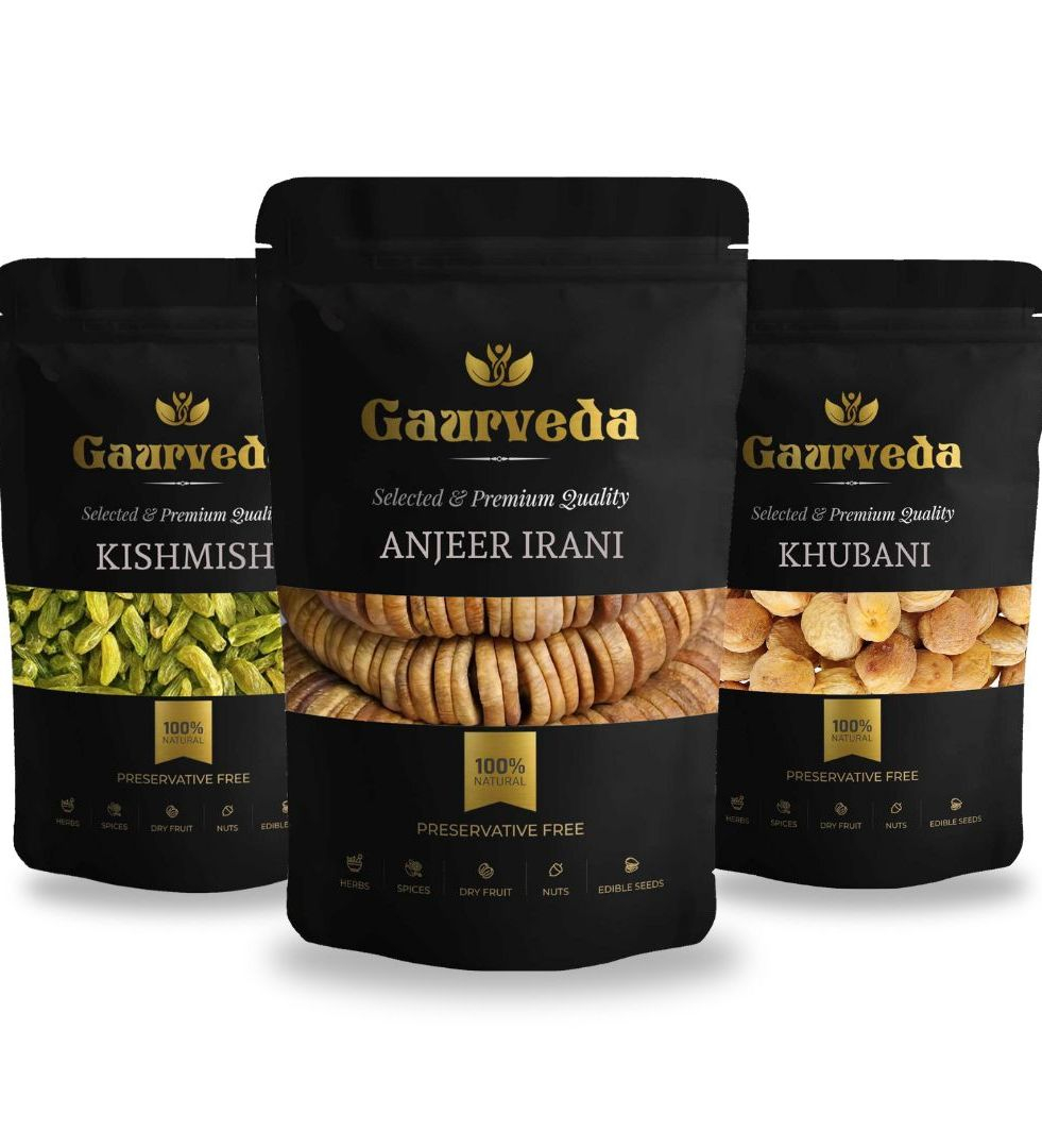 Gaurveda Anjeer , Kishmish & Khubani Premium Quality Combo - Figs , Rasins & Apricots Pack of 50 Grams Each