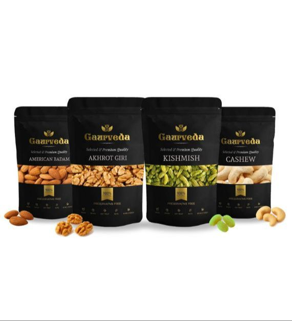 Gaurveda Akhrot Giri , Badam , Kishmish & Kaju Premium Quality Combo - Walnuts Kernel , Almonds , Raisins & Cashew Pack of 50 Grams Each