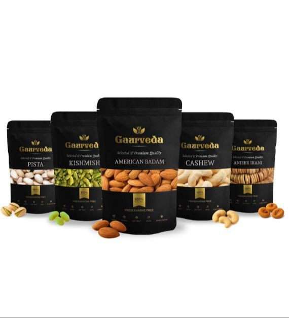 Gaurveda Badam , Kaju , Pista , Kishmish & Anjeer Premium Quality Combo - Almonds , Cashew , Pistachio , Raisins & Figs Pack of 100 Grams Each