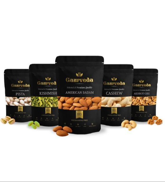 Gaurveda Badam , Kaju , Pista , Kishmish & Akhrot Giri Premium Quality Combo - Almonds , Cashew , Pistachio , Raisins & Walnuts Kernels Pack of 50 Grams Each
