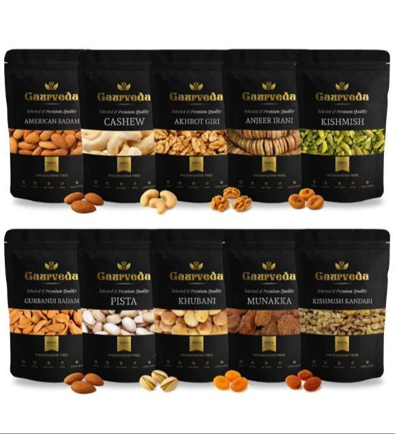 Gaurveda 10 Types Dry Fruits - American Badam ,Gurbandi Badam , Kishmish , Kishmish Kandhari , Kaju , Pista , Anjeer , Munakka , Khubani & Akhrot Giri - Perfect Gift for All Occasion -  50 Grams Each
