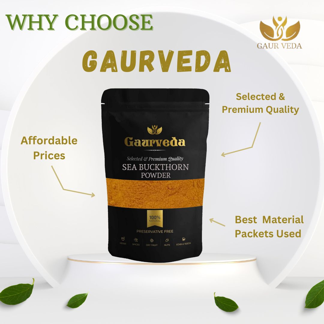 Gaurveda (1 Kg.) Himalayan Sea Buckthorn Berries Powder | Rich in Omega 3, 6, 7, 9 | Collagen, Fiber, Omegas, Vitamin C, Vitamin E | Dry Sea Buckthorn Powder