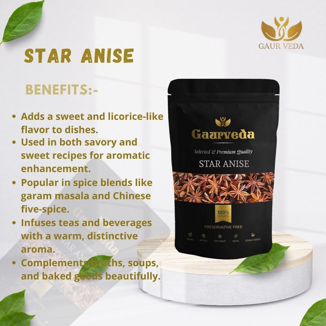 GAURVEDA Star Anise - Chakri Phool - Badian Khatai - Illicium Verum - Pure & Natural (50 Grams)